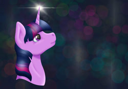 Size: 1280x890 | Tagged: safe, artist:marsh-mal-oh, twilight sparkle, pony, unicorn, g4, abstract background, bust, female, glowing, glowing horn, horn, looking up, mare, redraw, smiling, solo, unicorn twilight