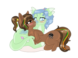 Size: 1600x1200 | Tagged: safe, oc, oc:limelight, earth pony, pony, butt, cuddling, female, lesbian, mare, plot, simple background, transparent background