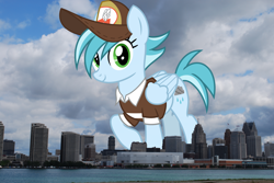 Size: 2300x1540 | Tagged: safe, artist:cheezedoodle96, artist:thegiantponyfan, edit, rainy day, pegasus, pony, g4, clothes, detroit, female, folded wings, giant pegasus, giant pony, giantess, hat, highrise ponies, irl, looking at you, macro, mailmare, mailmare hat, mare, mega giant, michigan, photo, ponies in real life, raised hoof, shirt, smiling, tail, two toned mane, two toned tail, wings