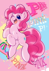 Size: 1430x2048 | Tagged: safe, artist:kurogewapony, pinkie pie, earth pony, pony, g4, abstract background, blushing, cute, diapinkes, female, happy, looking at you, mare, one eye closed, open mouth, open smile, pink, pinkest pie, simple background, smiling, smiling at you, solo, text, wink, winking at you