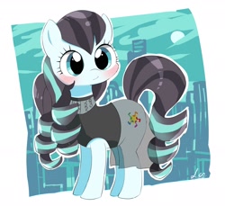 Size: 1938x1779 | Tagged: safe, artist:leo19969525, coloratura, earth pony, pony, g4, blushing, city, cityscape, clothes, cute, female, mare, partial background, rarabetes, smiling, solo