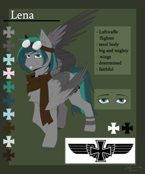 Size: 3500x4200 | Tagged: safe, artist:lunciakkk, oc, oc:lena, pegasus, pony, :p, chest fluff, clothes, ear fluff, female, goggles, reference sheet, scarf, signature, solo, tongue out