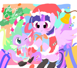 Size: 1800x1600 | Tagged: safe, artist:leo19969525, spike, twilight sparkle, alicorn, dragon, pony, bell, blushing, boots, candy, candy cane, christmas, clothes, costume, cute, duo, female, food, hat, holiday, holly, male, mare, one eye closed, present, santa costume, santa hat, shoes, smiling, spikabetes, twiabetes, twilight sparkle (alicorn), wink