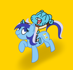 Size: 1200x1145 | Tagged: safe, artist:kanw, derpibooru exclusive, minuette, cat, pony, unicorn, anthro, g4, crossover, digital art, duo, eyes closed, female, gumball watterson, happy, holding, holding horn, mare, open mouth, raised hand, riding, riding a pony, simple background, the amazing world of gumball, yellow background