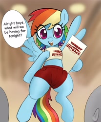 Size: 3387x4096 | Tagged: safe, artist:_ton618_, rainbow dash, human, pegasus, pony, g4, clothes, cute, dialogue, female, female focus, flying, meme, menu, offscreen character, open mouth, open smile, outback steakhouse, restaurant, sexy, short shirt, shorts, smiling, solo focus, speech bubble, stupid sexy rainbow dash, tomboy, tomboy gf, tomboy outback, waitress