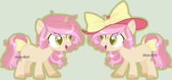 Size: 5272x2451 | Tagged: safe, artist:stormcloud-yt, oc, pony, unicorn, base used, bow, duo, female, filly, foal, hat, horn, offspring, parent:button mash, parent:sweetie belle, parents:sweetiemash, simple background, smiling, sun hat, tail, tail bow, unicorn oc