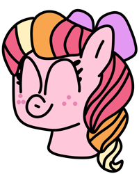 Size: 800x1000 | Tagged: safe, artist:jadeharmony, oc, oc only, oc:honeycrisp blossom, earth pony, pony, bow, eyes closed, female, filly, foal, freckles, gift art, hair bow, offspring, parent:big macintosh, parent:princess cadance, parents:cadmac, simple background, smiling, solo, transparent background
