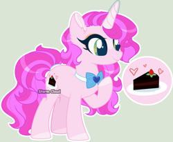 Size: 3369x2779 | Tagged: safe, artist:stormcloud-yt, oc, oc only, oc:gentle cream, pony, unicorn, base used, bowtie, cake, ear fluff, eyelashes, female, food, high res, horn, mare, offspring, parent:party favor, parent:pinkie pie, parents:partypie, raised hoof, simple background, solo, unicorn oc