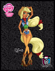 Size: 2151x2787 | Tagged: safe, artist:nemoturunen, applejack, human, g4, boots, clothes, cutie mark on clothes, dark skin, eyelashes, female, hat, high heel boots, high res, humanized, monster high, shoes, solo