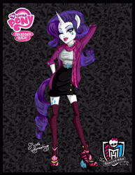 Size: 2151x2787 | Tagged: safe, artist:nemoturunen, rarity, equestria girls, g4, arm behind head, clothes, eyelashes, female, hand on hip, high heels, high res, horn, lipstick, makeup, one eye closed, ponied up, shoes, socks, solo, stockings, thigh highs, wink