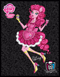 Size: 2151x2787 | Tagged: safe, artist:nemoturunen, pinkie pie, human, anthro, equestria girls, g4, clothes, crossover, cupcake, eyelashes, female, fingerless gloves, food, gloves, high heels, high res, lipstick, monster high, monster high logo, my little pony logo, ponied up, rainbow cupcake, shoes, skirt, solo