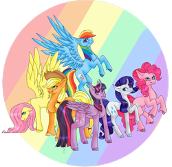 Size: 2488x2410 | Tagged: safe, artist:peachyminnie, applejack, fluttershy, pinkie pie, rainbow dash, rarity, twilight sparkle, alicorn, earth pony, pegasus, pony, unicorn, g4, female, hat, high res, horn, mane six, mare, simple background, transparent background, twilight sparkle (alicorn), wings