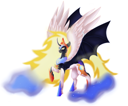 Size: 1280x1059 | Tagged: safe, artist:peachyminnie, daybreaker, nightmare moon, alicorn, bat pony, bat pony alicorn, pony, g4, bat wings, curved horn, ethereal mane, female, four wings, fusion, hoof shoes, horn, mane of fire, mare, multiple wings, peytral, raised hoof, simple background, solo, starry mane, transparent background, wings