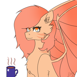 Size: 2000x2000 | Tagged: safe, artist:peachyminnie, oc, oc only, bat pony, pony, bat pony oc, bat wings, bust, chest fluff, coffee, ear fluff, female, high res, mare, mug, simple background, solo, transparent background, wings