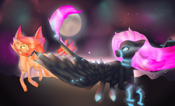 Size: 2650x1600 | Tagged: safe, artist:peachyminnie, oc, oc only, bat pony, pegasus, pony, aurora borealis, bat pony oc, bat wings, duo, female, flying, full moon, looking back, mare, moon, night, pegasus oc, stars, tattoo, wings