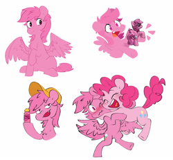 Size: 4389x4050 | Tagged: safe, artist:chub-wub, pinkie pie, rainbow dash, earth pony, pegasus, pony, g4, baseball cap, blushing, can, cap, cute, cute little fangs, duo, fangs, flying, hat, pink, pink rainbow dash, recolor, simple background, toy interpretation, white background