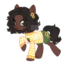 Size: 1024x866 | Tagged: safe, artist:miioko, oc, oc only, earth pony, pony, black mane, black tail, brown coat, clothes, deviantart watermark, earth pony oc, flower, flower in hair, obtrusive watermark, shirt, shorts, simple background, solo, sunflower, tail, transparent background, watermark