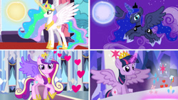 Size: 1280x722 | Tagged: safe, artist:mlplary6, princess cadance, princess celestia, princess luna, twilight sparkle, alicorn, pony, g4, alicorn tetrarchy, crown, cutie map, female, heart, jewelry, mare, moon, regalia, royal sisters, siblings, sisters, slender, sun, thin, twilight sparkle (alicorn)