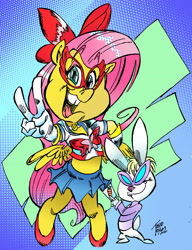 Size: 2388x3106 | Tagged: safe, artist:grotezco, artist:tokiotoyy2k, angel bunny, fluttershy, pegasus, anthro, unguligrade anthro, g4, '90s, aino minako, anime, bipedal, bow, carrot, clothes, code wa sailor v, comic, deck, duo, food, gloves, high heels, high res, japan, looking at you, manga, mask, miniskirt, peace sign, pose, sailor moon (series), sailor uniform, sailor venus, shoes, skirt, smiling, spoilers for another series, uniform