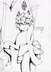 Size: 1648x2330 | Tagged: safe, artist:3500joel, oc, oc:sparity, dracony, hybrid, black and white, crossed legs, female, friendship throne, glasses, grayscale, interspecies offspring, lidded eyes, looking at you, mare, monochrome, offspring, parent:rarity, parent:spike, parents:sparity, sitting, smiling, smiling at you, solo, traditional art