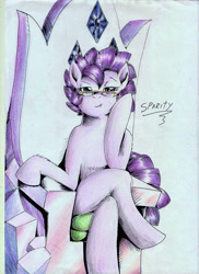 Size: 1693x2326 | Tagged: safe, artist:3500joel, oc, oc:sparity, dracony, dragon, hybrid, colored, colored sketch, crossed legs, female, friendship throne, glasses, interspecies offspring, lidded eyes, looking at you, mare, offspring, parent:rarity, parent:spike, parents:sparity, sitting, smiling, smiling at you, solo, traditional art