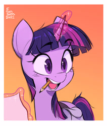 Size: 2480x2924 | Tagged: safe, artist:fanzeem, twilight sparkle, pony, unicorn, g4, bag, cute, female, glowing, glowing horn, gradient background, high res, horn, levitation, magic, mare, mouth hold, open mouth, paper, passepartout, pencil, pencil in mouth, raised eyebrows, saddle bag, solo, telekinesis, twiabetes, unicorn twilight