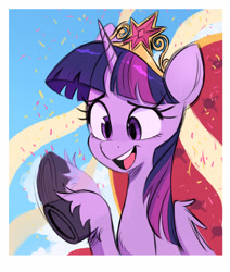 Size: 2480x2924 | Tagged: safe, artist:fanzeem, twilight sparkle, alicorn, pony, g4, big crown thingy, confetti, cute, element of magic, female, high res, jewelry, mare, open mouth, regalia, smile and wave, solo, throne, twiabetes, twilight sparkle (alicorn), underhoof, unshorn fetlocks, waving