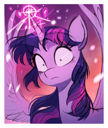 Size: 2480x2924 | Tagged: safe, artist:fanzeem, twilight sparkle, alicorn, pony, g4, female, frown, glowing, glowing horn, high res, horn, magic, mare, messy mane, shrunken pupils, solo, spread wings, twilight sparkle (alicorn), wings