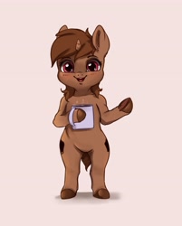 Size: 3287x4096 | Tagged: safe, artist:miokomata, oc, oc only, oc:coffee, unicorn, semi-anthro, arm hooves, coffee mug, hoof hold, looking at you, male, mug, open mouth, open smile, pink background, simple background, smiling, smiling at you, solo, stallion