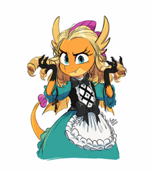 Size: 2480x2816 | Tagged: safe, artist:fanzeem, smolder, dragon, g4, bow, clothes, cute, dragoness, dress, female, green dress, high res, looking at you, simple background, smiling, smiling at you, smolder also dresses in style, smolderbetes, solo, white background, wig