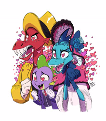 Size: 2480x2816 | Tagged: safe, artist:fanzeem, garble, princess ember, spike, dragon, g4, bonnet, clothes, dress, floating heart, hat, heart, heart eyes, high res, necktie, open mouth, open smile, sharp teeth, simple background, smiling, suit, teeth, top hat, trio, white background, wingding eyes
