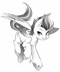 Size: 2696x3252 | Tagged: safe, alternate version, artist:nekoshiei, zipp storm, pegasus, pony, g5, female, grayscale, high res, looking at you, mare, monochrome, simple background, smiling, smiling at you, solo, spread wings, unshorn fetlocks, white background, wings