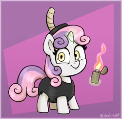 Size: 1506x1466 | Tagged: safe, artist:heretichesh, sweetie belle, pony, unicorn, g4, bomb, clothes, costume, crazy eyes, female, filly, foal, levitation, lighter, looking at you, magic, pun, smiling, smiling at you, solo, telekinesis, visual pun, weapon, wordplay