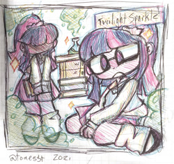 Size: 750x704 | Tagged: safe, artist:toaestt, sci-twi, twilight sparkle, equestria girls, g4, clothes, female, glasses, leg warmers, pen, redesign, science, solo, sweater vest, traditional art