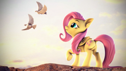 Size: 3840x2160 | Tagged: safe, artist:psfmer, fluttershy, bird, dove, pegasus, pony, g4, 3d, butt, dock, female, flutterbutt, high res, mare, plot, revamped ponies, solo, source filmmaker, tail