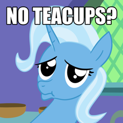 Size: 1024x1024 | Tagged: safe, artist:velgarn, trixie, pony, unicorn, g4, caption, cup, female, frown, image macro, looking at you, mare, meme, no bitches?, ponified meme, sad, teacup, text