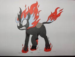 Size: 2000x1500 | Tagged: safe, artist:darkhestur, oc, oc only, kirin, nirik, angry, fire, simple background, solo, traditional art
