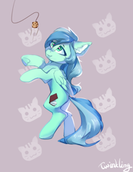 Size: 776x1000 | Tagged: safe, artist:twinkling, oc, oc only, oc:snowfall night, pegasus, pony, behaving like a cat, butt, cookie, dangling, food, plot, solo