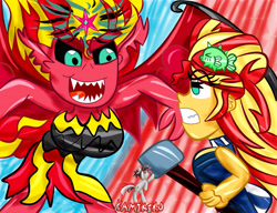 Size: 3900x3000 | Tagged: safe, artist:kamikiku, sunset shimmer, demon, equestria girls, g4, angry, breasts, busty sunset satan, busty sunset shimmer, duality, fight, gritted teeth, high res, human paradox, sunset satan, sunset sushi