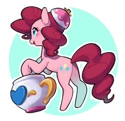 Size: 1378x1335 | Tagged: safe, artist:ikirunosindo, pinkie pie, earth pony, pony, g4, butt, cup, cute, diapinkes, ear fluff, facing away, female, mare, open mouth, plot, solo, teacup, toy interpretation
