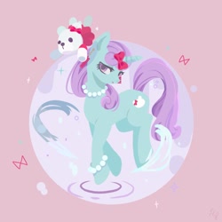 Size: 768x768 | Tagged: safe, artist:haruco2a, oc, oc only, oc:jenni love, pony, unicorn, bow, bracelet, female, jewelry, lineless, looking at you, mare, necklace, pearl necklace, plushie, ribbon, solo, teddy bear