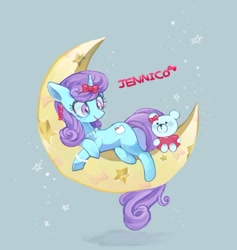 Size: 446x471 | Tagged: safe, artist:sibashen, oc, oc only, oc:jenni love, pony, unicorn, bracelet, crescent moon, female, jewelry, looking at something, lying down, mare, moon, necklace, plushie, ribbon, solo, stars, teddy bear