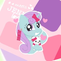 Size: 2048x2048 | Tagged: safe, artist:tiga mega, oc, oc only, oc:jenni love, pony, unicorn, bracelet, bust, female, heart, high res, hoof hold, jewelry, looking at you, mare, necklace, plushie, smiling, smiling at you, solo, teddy bear