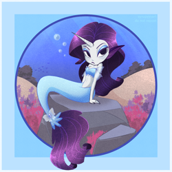 Size: 2226x2226 | Tagged: safe, artist:syrupyyy, rarity, mermaid, equestria girls, g4, bare shoulders, ear fins, high res, horn, horned humanization, humanized, mermaidized, mermarity, species swap