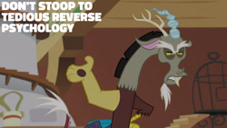 Size: 1280x720 | Tagged: safe, edit, edited screencap, editor:quoterific, screencap, discord, draconequus, dungeons and discords, g4, season 6, discord is not amused, fluttershy's cottage, male, solo, text, unamused
