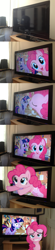 Size: 788x3590 | Tagged: safe, artist:astiam300, artist:d4svader, artist:quasdar, artist:richhap, pinkie pie, twilight sparkle, earth pony, pony, unicorn, g4, 2013, cartoon physics, female, fourth wall, fourth wall destruction, golden oaks library, irl, photo, pinkie being pinkie, pinkie physics, ponies in real life, television, unicorn twilight