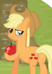 Size: 1240x1754 | Tagged: safe, artist:tiga mega, applejack, earth pony, pony, g4, apple, applejack's hat, blushing, butt, cowboy hat, female, food, hat, hoof hold, looking at you, mare, plot, raised hoof, solo