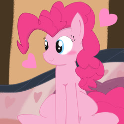 Size: 1378x1378 | Tagged: safe, artist:tiga mega, pinkie pie, earth pony, pony, g4, blushing, emanata, female, heart, mare, sitting, smiling, solo