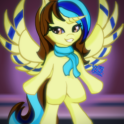 Size: 3000x3000 | Tagged: safe, artist:umbrapone, oc, oc:epsi pep power, alicorn, pony, alicorn oc, bipedal, brown mane, clothes, gradient background, high res, horn, looking at you, scarf, smiling, solo, spread wings, striped mane, striped tail, tail, wings