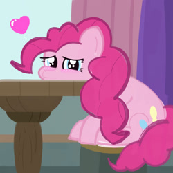 Size: 1378x1378 | Tagged: safe, artist:tiga mega, pinkie pie, earth pony, pony, g4, blushing, emanata, female, heart, looking at you, mare, sitting, solo, table